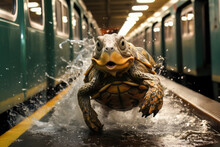 A Turtle Is Running And Jumping In The Middle Of The Train Platform, Animal Memes, Humorous, Funny