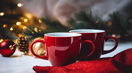 Two red mugs sitting on a table next to a christmas tree with lights in the background by Generative ai