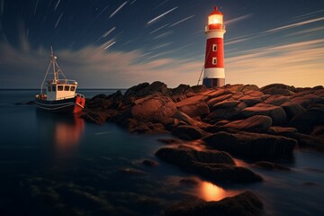 Wall Mural - Lighthouse on the seashore. Background with selective focus and copy space
