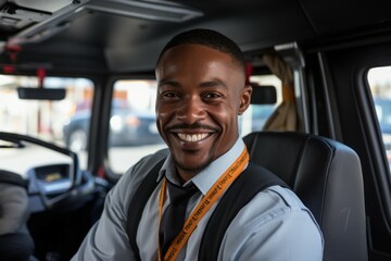 Poster - Male Travel Agent on a bus, top in-demand profession concept. Portrait with selective focus and copy space