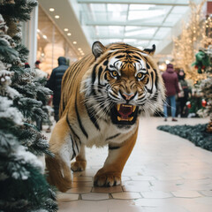 Wall Mural - a tiger walking through a snowy covered area