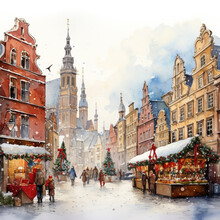Watercolor Painting Of A Christmas Market In The Old Town