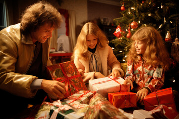 Wall Mural - Retro Christmas Delight. Nostalgic Scenes of Families Unwrapping Gifts in the 60s and 70s.
