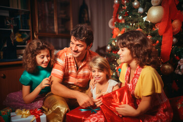 Wall Mural - Retro Christmas Delight. Nostalgic Scenes of Families Unwrapping Gifts in the 60s and 70s.
