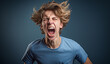Teenager boy screaming in protest sign, isolated on colorful studio background. Ai generated