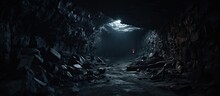 Deserted Coal Mine With Eerie Lighting With Copyspace For Text