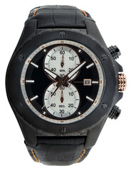black and white men wrist watch with leather watch band on transparent png background
