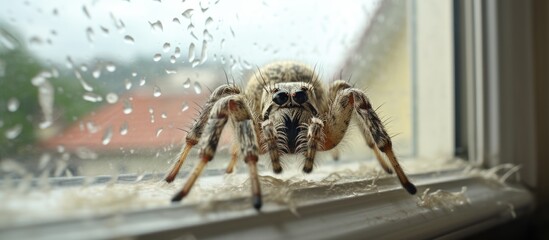 Spider in a dusty window web With copyspace for text