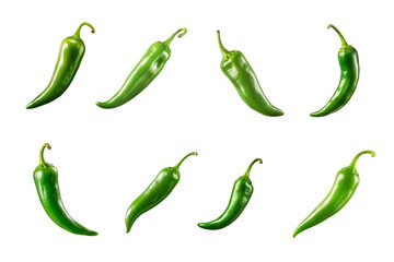 Wall Mural - green chili peppers collection isolated on a transparent background