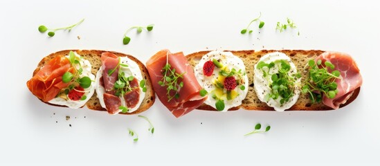 Canvas Print - Bruschetta snack with cream cheese salami sausage and microgreens on white cutting board Top view Placeholder available With copyspace for text