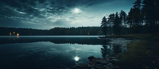 Poster - Autumn forest near Dnieper river Kiev Ukraine Moon covered by clouds water resembles mirror With copyspace for text