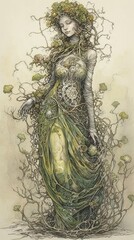 Wall Mural - An illustration of a dryad with white background. Generative AI. 