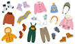 Collage of stylish winter clothes and accessories for children on white background