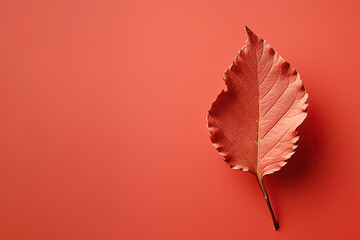 Autumn dried leaf on a red background with copy space