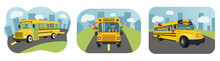 Set Of Yellow School Buses On Road