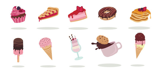 Sticker - Set of flying desserts on white background