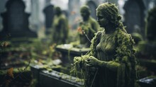 An Old Cemetery With Moss And Old Gravestones. Generative AI. 