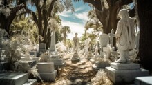 An Old Cemetery With Moss And Old Gravestones. Generative AI. 
