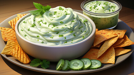 A platter of Greek tzatziki dip featuring a creamy UHD wallpaper Stock Photographic Image