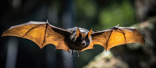 Male Lyle s flying fox in flight seen from the side in Thailand s natural environment With copyspace for text