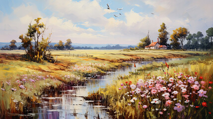 Wall Mural - Summer landscape beautiful and moody paint, countryside flowers and meadows. 