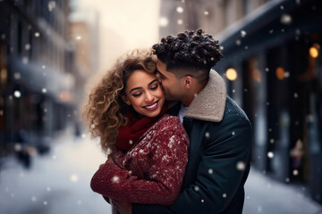 Wall Mural - Multiracial young couple hug on Valentine's Day outdoors in the snowy city. Generative AI.