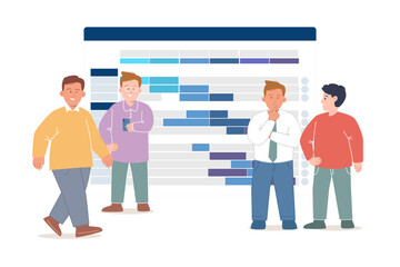 Poster - Gant chart project management team discuss task schedule teamwork organization large screen character collaboration