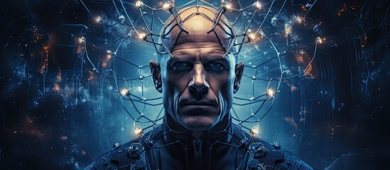 Poster - futuristic man with brain electrodes connected to virtual reality enhancing brain abilities and expa