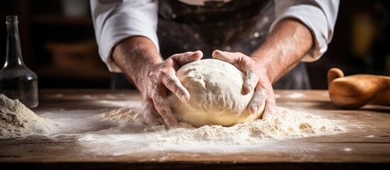 Sticker - Bakery worker kneading dough on wooden table With copyspace for text