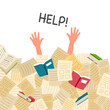 © Orapun - Stressed student or employee buried under a pile of documents in flat design on white background.