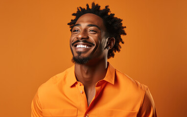 Wall Mural - happy handsome fashion African American man smiling and wearing color cloth, solid light color background
