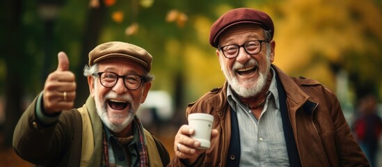 Elderly men enjoying coffee together in the park With copyspace for text