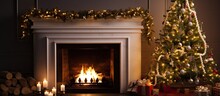 Festive Home Featuring A Gas Fireplace And Decorated Christmas Tree With Copyspace For Text