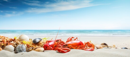 Poster - Seafood assortment by the shore With copyspace for text