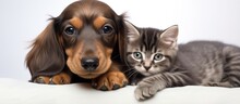 Fluffy Dachshund Puppy And Cute Tabby Kitten With Copyspace For Text