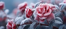 Autumn Frost On Blooming Rose Bush Frozen Leaves Winter Arrives Nature Sleeps With Copyspace For Text