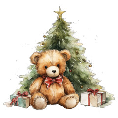 plush teddy bear with christmas tree, isolated on transparent background