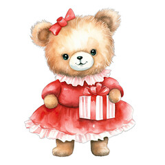 Wall Mural - Cute girl teddy bear dressed for Christmas holding a gift. Isolated