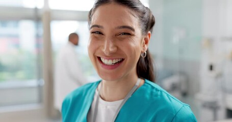 Sticker - Medical, smile and portrait of nurse in a hospital for healthcare, medicine and employee working in a clinic. Health, care and service by professional woman doctor in surgery or operation room