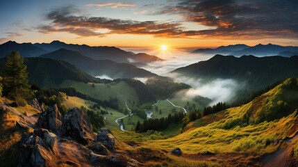Wall Mural - Mountain landscape at sunrise. Colorful summer sunrise in the mountains.