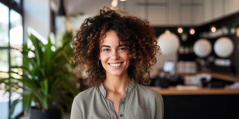 Wall Mural - Portrait of smiling young businesswoman with curly hair in coffee shop