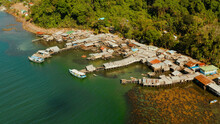 Village Of Stilt Houses Built Over The Sea, Top View. City And Port On Balabac Island, Palawan, Philippines.