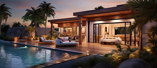 Wall Mural - Sunset view of tropical villa with garden pool and open living space With copyspace for text