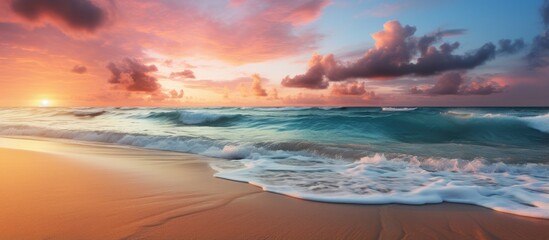 Vibrant ocean sunrise on tropical seaside inspiring coastal landscape beach shore and sea horizon With copyspace for text