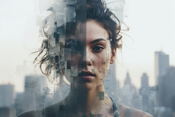 Wall Mural - Beauty, fashion, make-up, fine art concept. Abstract minimalist beautiful woman portrait in glitch or double exposure effect. Big cityscape in exposure reflection. Muted pastel colors. Generative AI