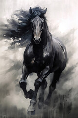 Wall Mural - Gorgeous black horse galloping through the smoke, stunning black and white drawing