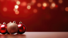 Christmas Background With Red Baubles On Red Bokeh Background