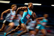 © Outlander1746 - A sporty dynamic portrait of a runner at the finish line of a competition, an African-American runner in a blue T-shirt finishes first.