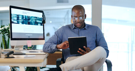 Aufkleber - Businessman, black man and tablet for internet, social media and research in modern office with glasses. Face, african person and touchscreen for reading, technology and online meme at work on break