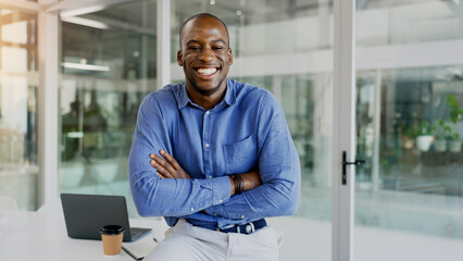 Canvas Print - Portrait, business and black man with a smile, arms crossed and employee with startup, office and professional. Worker, corporate and career with consultant, funny and entrepreneur in a workplace